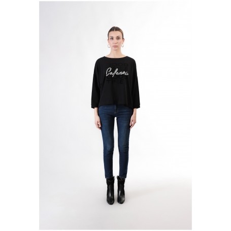 Cafe Noir TSHIRT STAMPA FLOCCATA E LOGO DI STRAS - C7JT0198