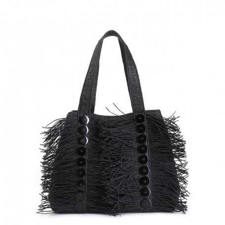 Cafe Noir shopping in raffia con applicazione di bottoni e frange - C3JV0083
