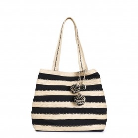 Cafe Noir SHOPPING IN RAFFIA E CANVAS, CON CHARM CON POMPON E PIASTRINA LOGO IN METALLO - C3VB0803