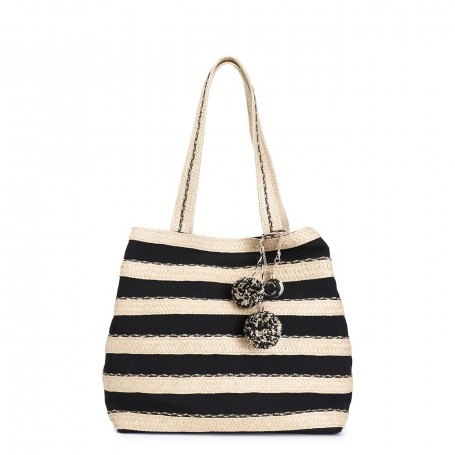 Cafe Noir SHOPPING IN RAFFIA E CANVAS, CON CHARM CON POMPON E PIASTRINA LOGO IN METALLO - C3VB0803