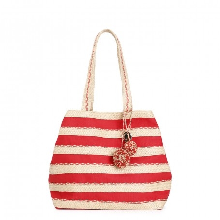 Cafe Noir SHOPPING IN RAFFIA E CANVAS, CON CHARM CON POMPON E PIASTRINA LOGO IN METALLO - C3VB0803