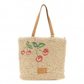 Cafe Noir SHOPPING IN RAFIA CON LAVORAZIONE A CROCHET, MOTIVO DI CILIEGE STAMPATO CON RICA - C3JB0022