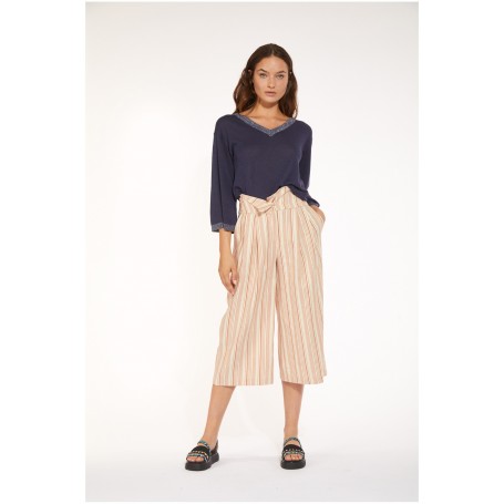 Cafe Noir PANTALONE AMPIO GESSATO CON CINTURINO RISVOLTATO - C7JP0051